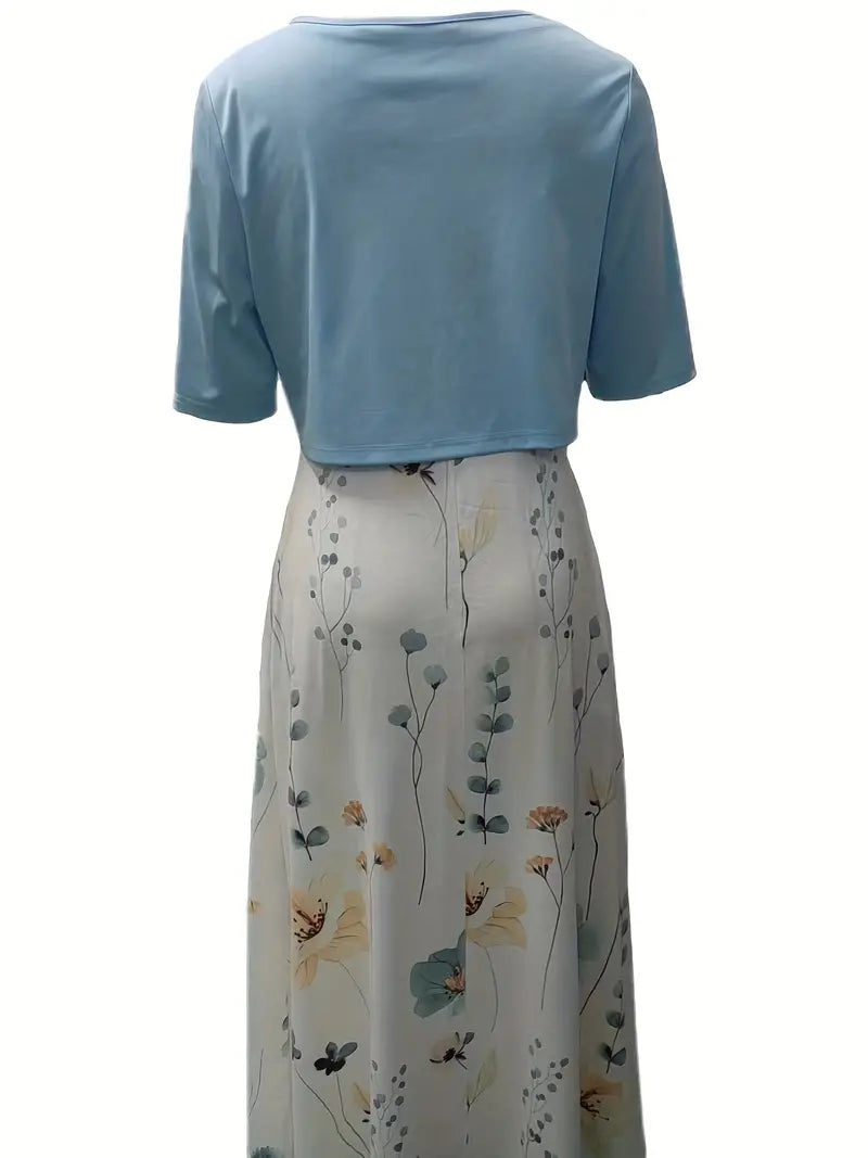 Ensemble Chic à Fleurs en Deux Pièces avec Crop Top Uni et Col Rond