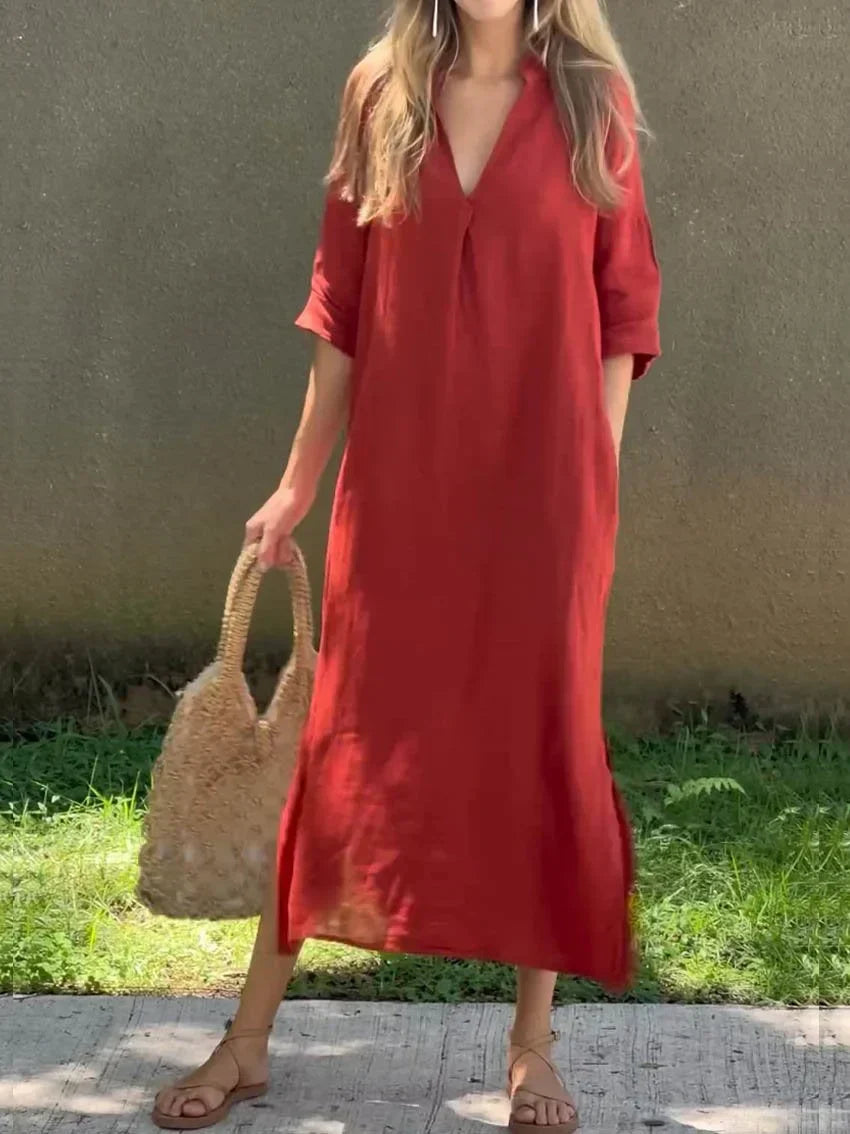 Robe Femme Unie à V avec Poches