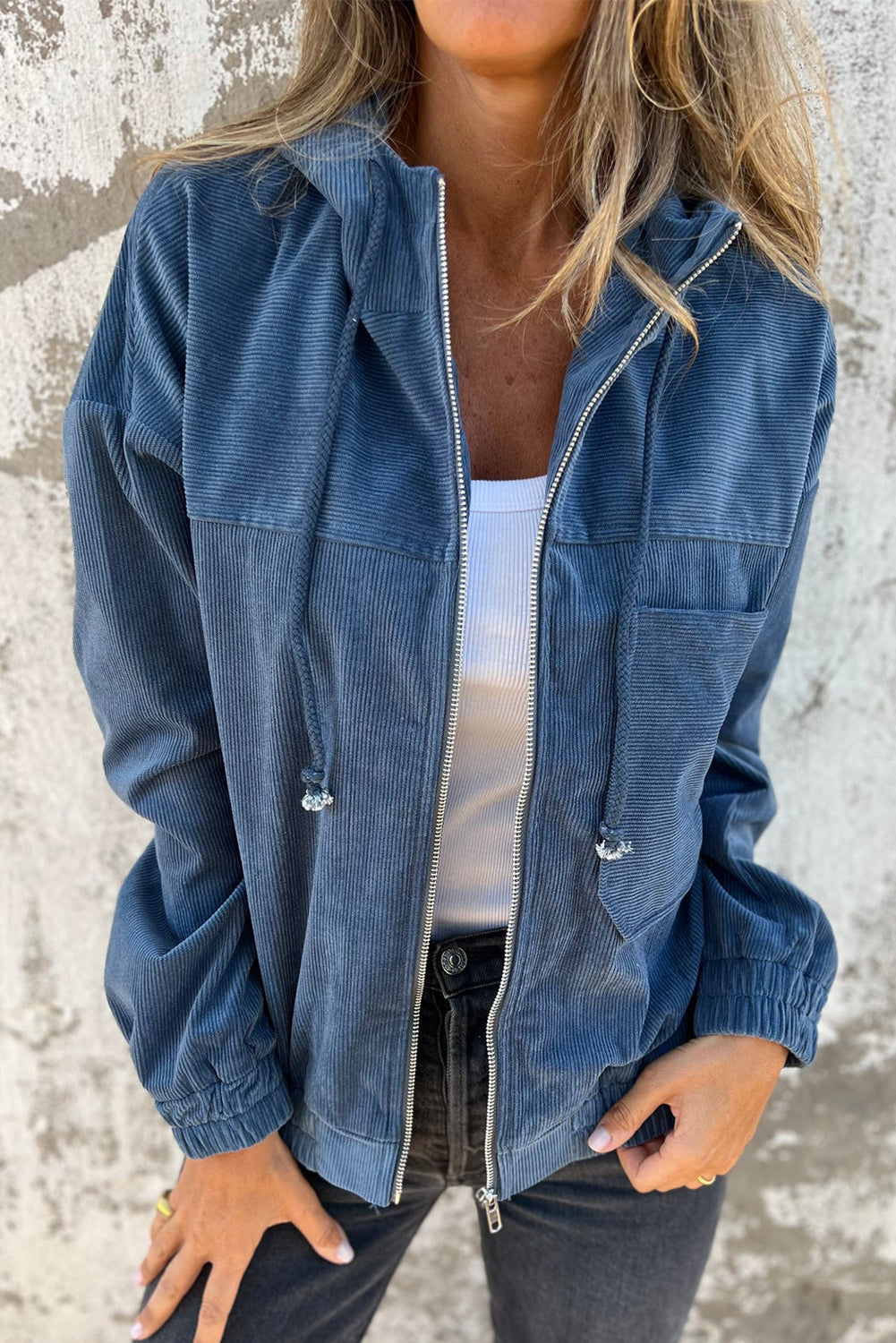 Veste Teal à Capuche avec Cordon de Serrage et Zip