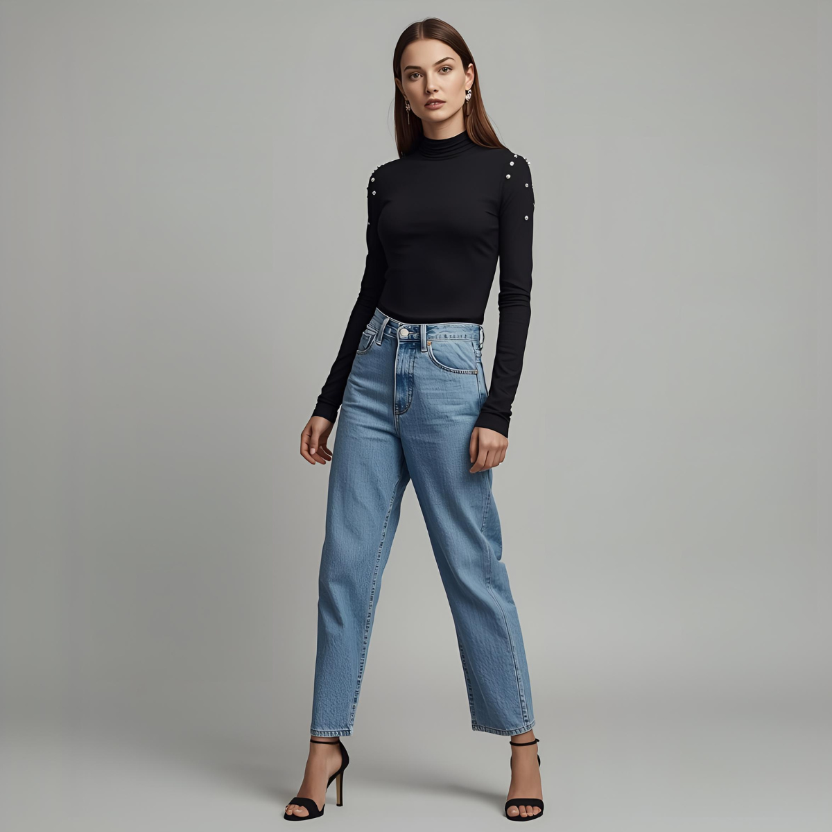 NOIRELLE | Pull Noir à Col Roulé avec Détails en Perles