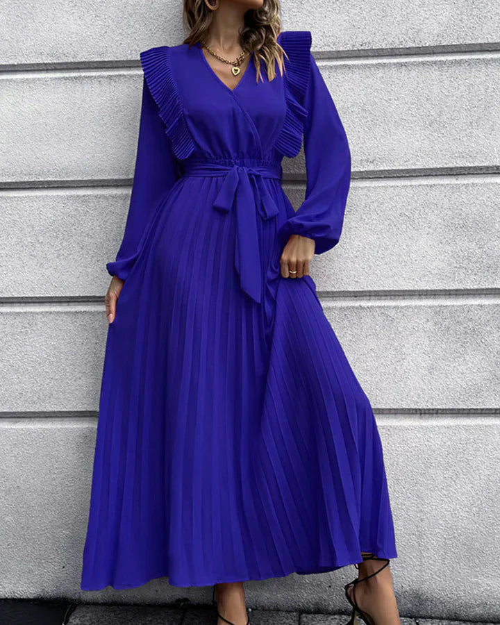 Robe Longue Plissée Élégante à Col V - Idéale pour Toutes les Occasions