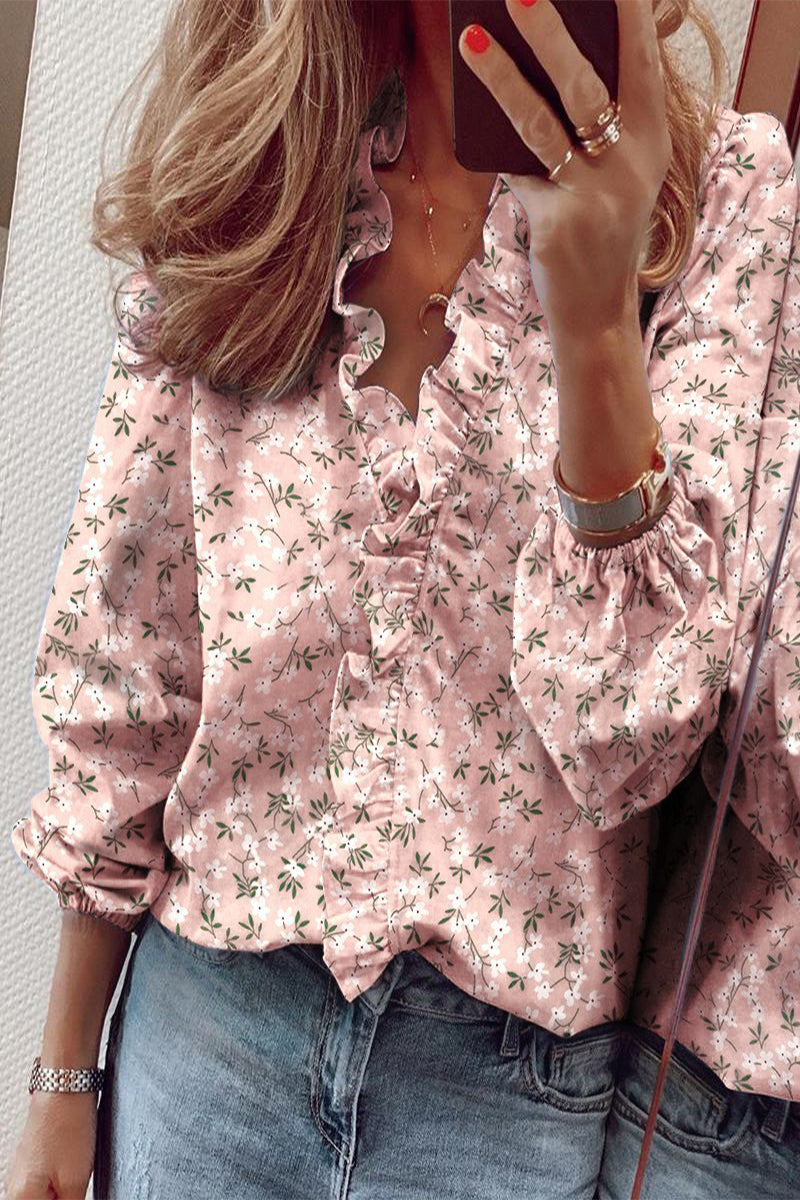 Blouse à Manches Longues en V avec Finitions Volantes
