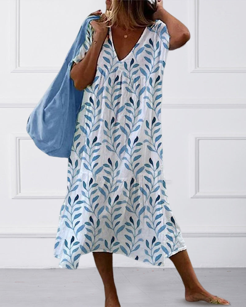 Robe Midi Légère au Motif Imprimé de Feuilles