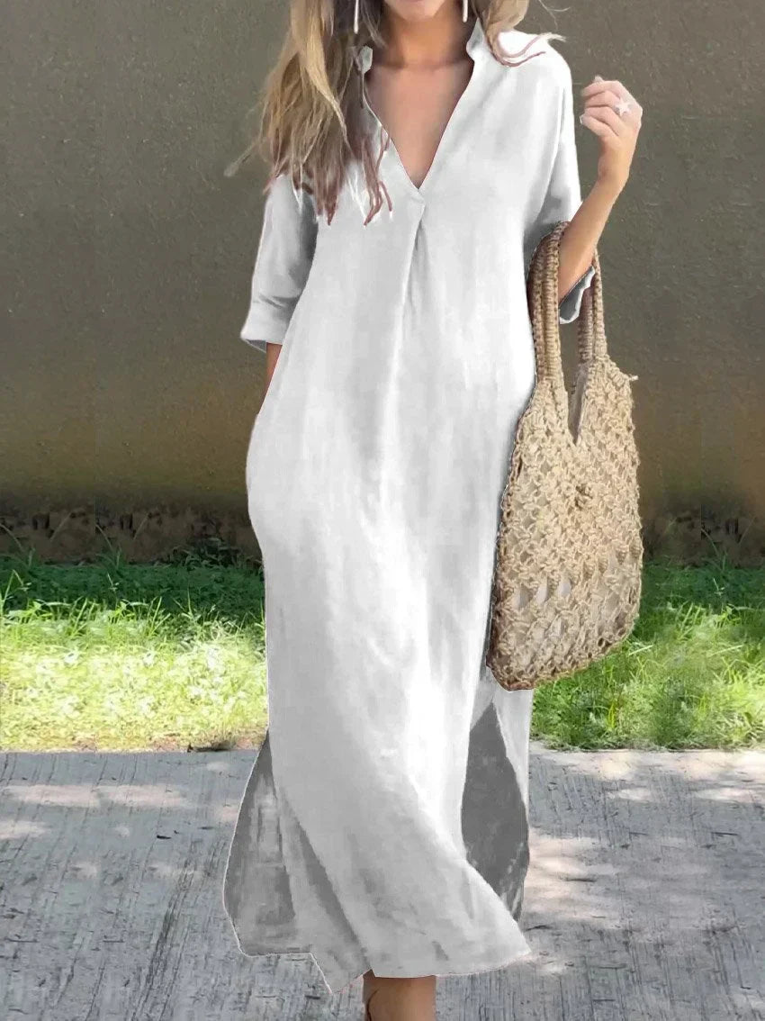 Robe Femme Unie à V avec Poches