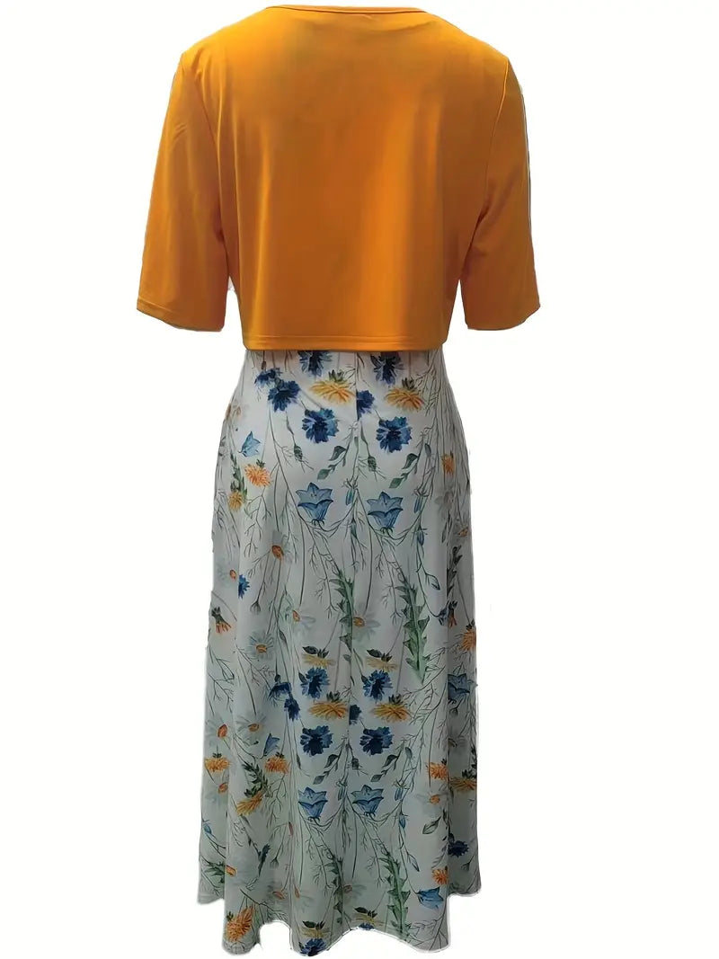 Ensemble Chic à Fleurs en Deux Pièces avec Crop Top Uni et Col Rond