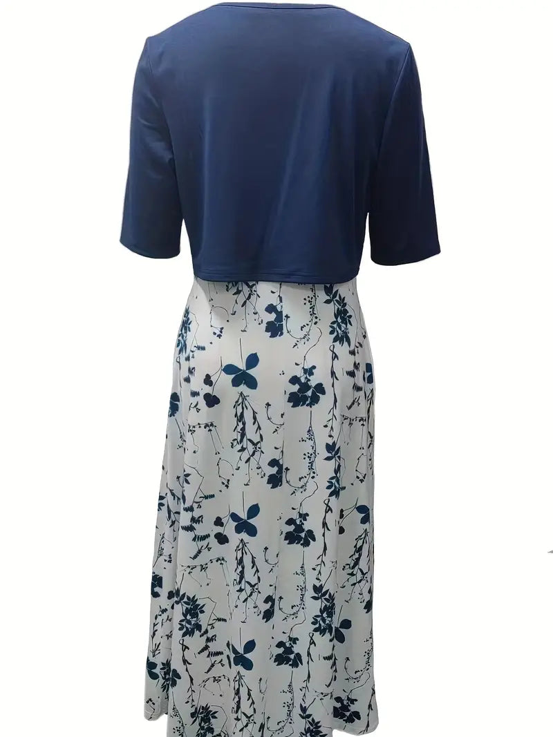 Ensemble Chic à Fleurs en Deux Pièces avec Crop Top Uni et Col Rond