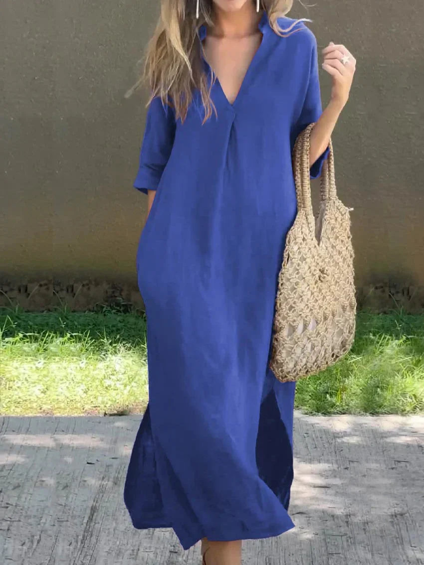 Robe Femme Unie à V avec Poches