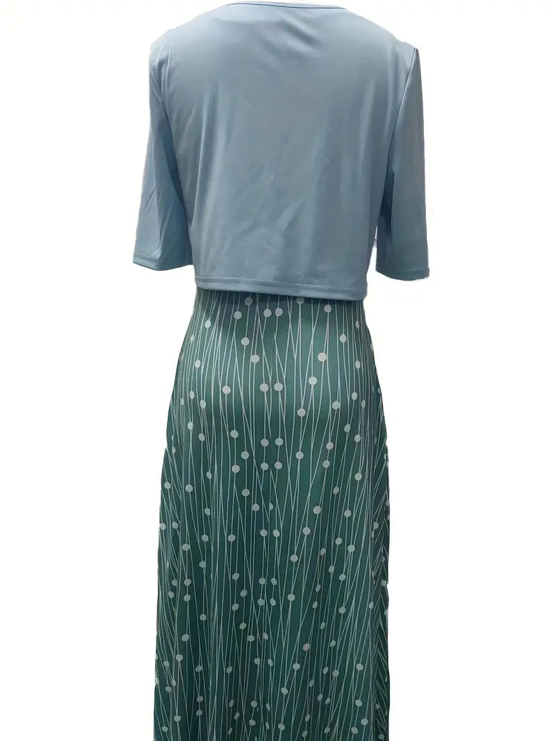 Ensemble Chic à Fleurs en Deux Pièces avec Crop Top Uni et Col Rond