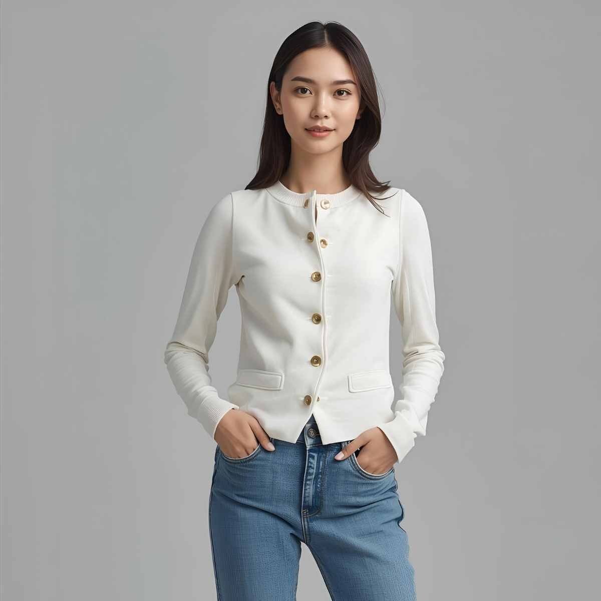 BIANCAEL | Gilet Élégant Blanc Décontracté avec Détails en Doré