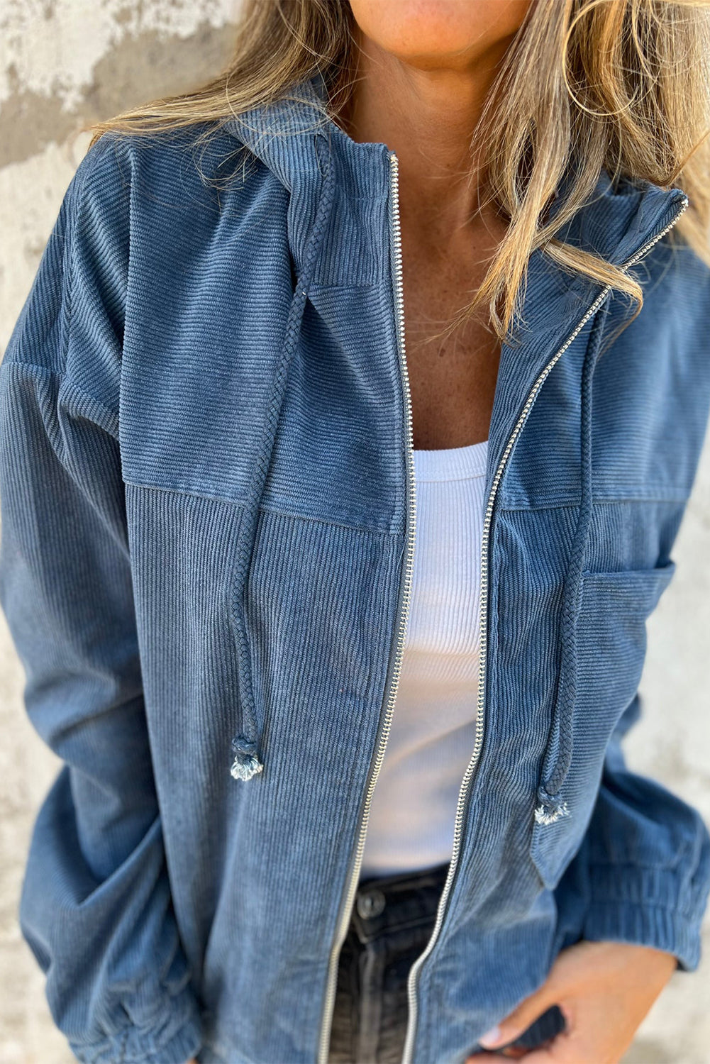 Veste Teal à Capuche avec Cordon de Serrage et Zip