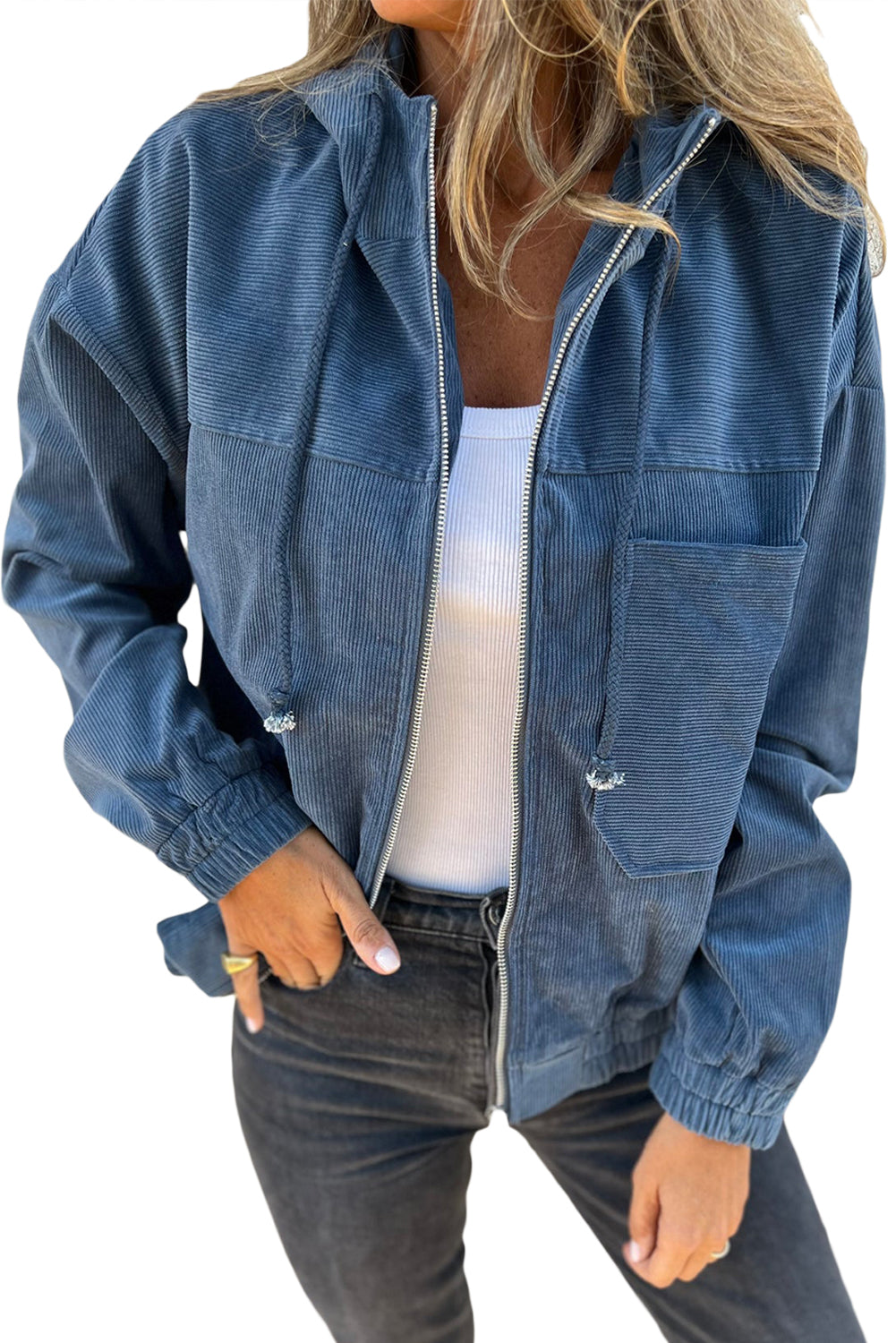 Veste Teal à Capuche avec Cordon de Serrage et Zip