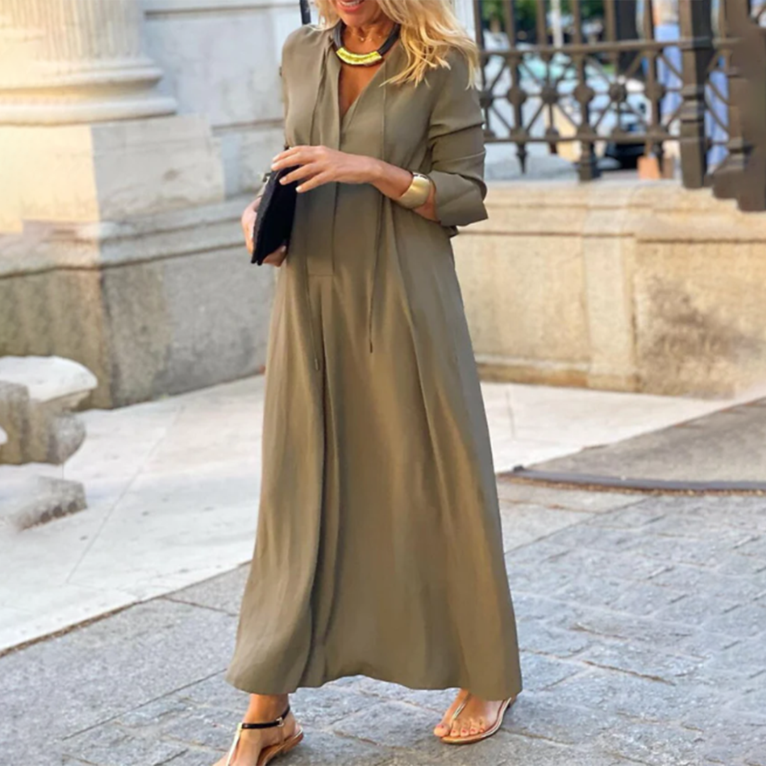 Robe Maxi d'Été Élégante à Décolleté en V et Manches Mi-Longues