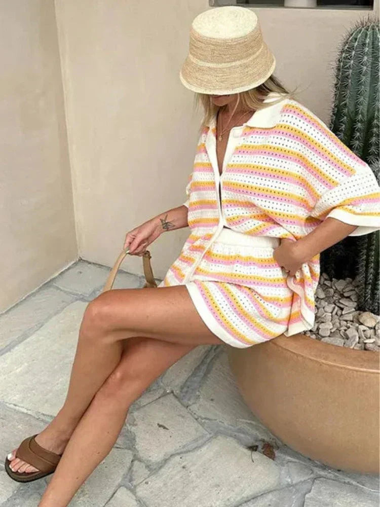 Ensemble Femme en Tricot 2 Pièces avec Rayures et Détails Contrastés