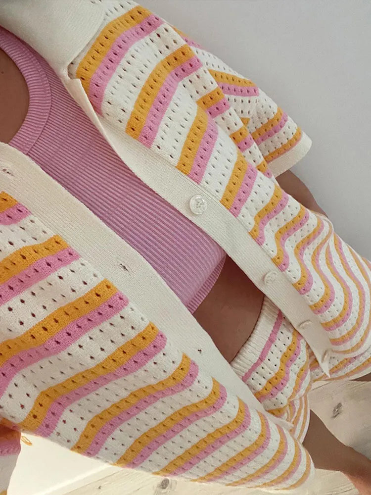 Ensemble Femme en Tricot 2 Pièces avec Rayures et Détails Contrastés