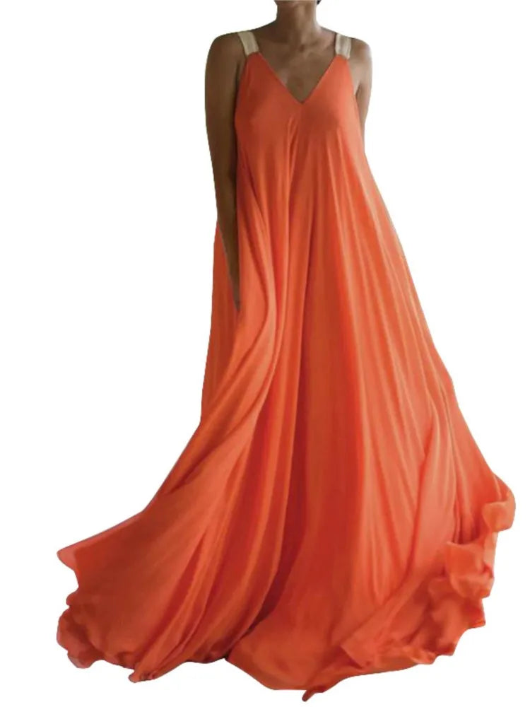 Chloë - Robe Maxi Boho Sans Manches Femme, Décolleté en V, Unie et Lâche pour l'Été