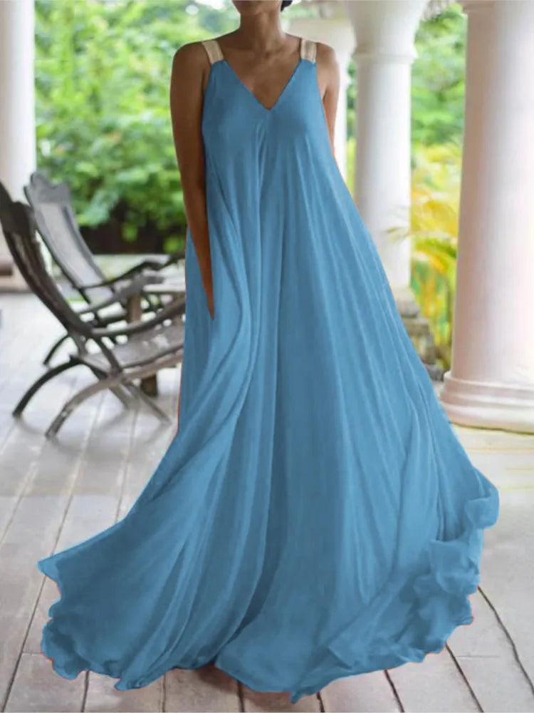 Chloë - Robe Maxi Boho Sans Manches Femme, Décolleté en V, Unie et Lâche pour l'Été