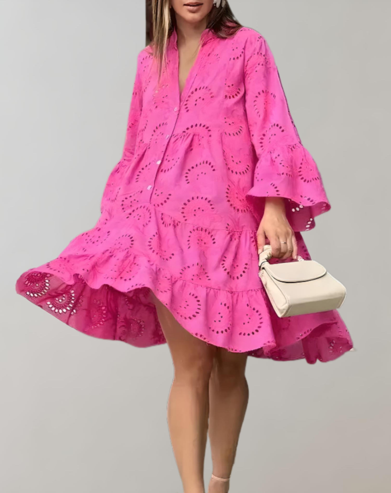 Robe Écrue Confortable à Manches Cloche et Décolleté en V pour un Look Aéré