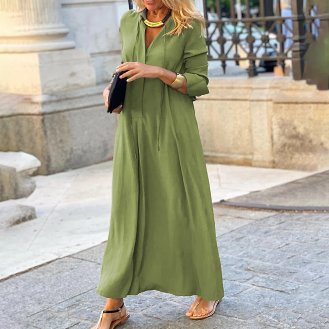 Robe Maxi d'Été Élégante à Décolleté en V et Manches Mi-Longues