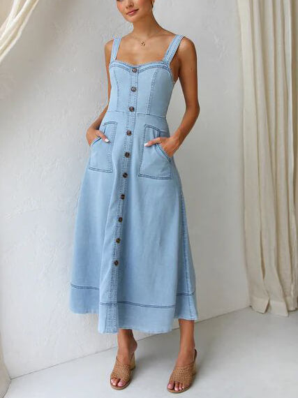 Robe Midi Décontractée en Denim à Boutons et Bretelles