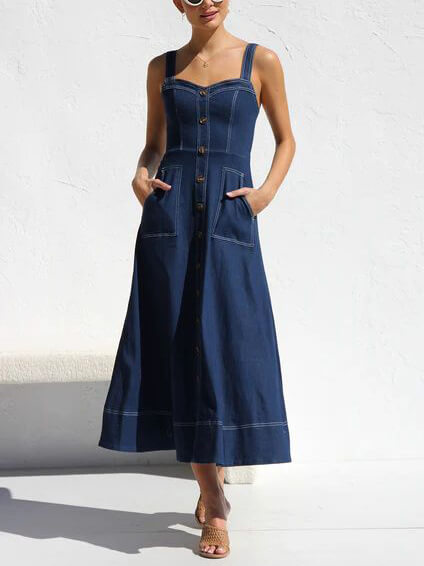 Robe Midi Décontractée en Denim à Boutons et Bretelles