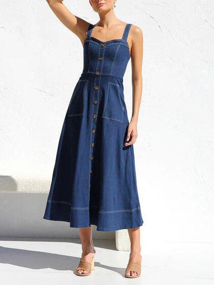 Robe Midi Décontractée en Denim à Boutons et Bretelles