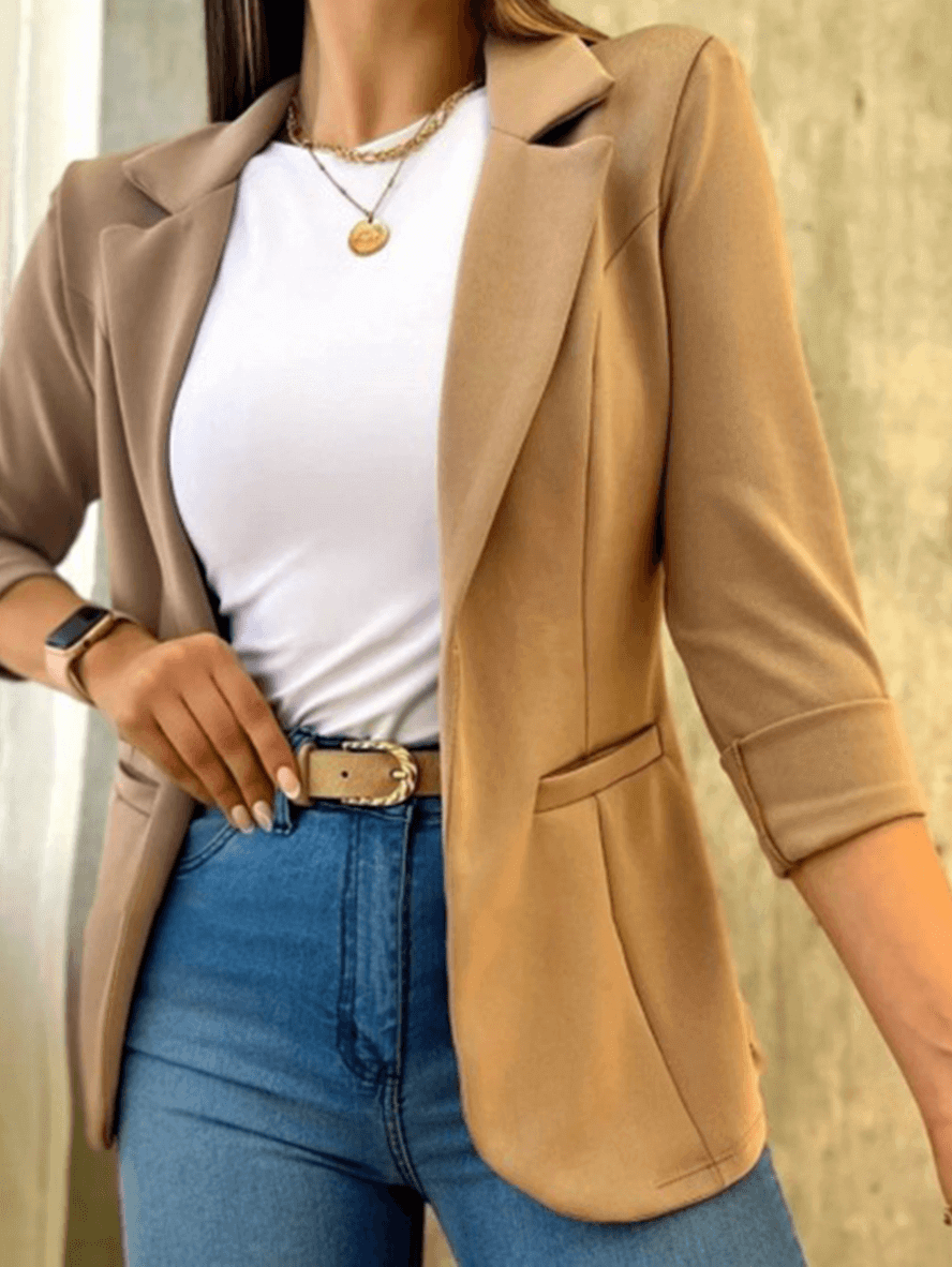 Blazer Chic pour Femmes en Teinte Unie avec Poches, Col Revers et Manches Longues