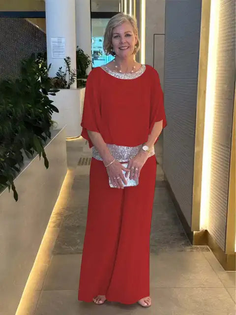Ensemble de Soirée Élégant : Haut Brillant et Pantalon Palazzo