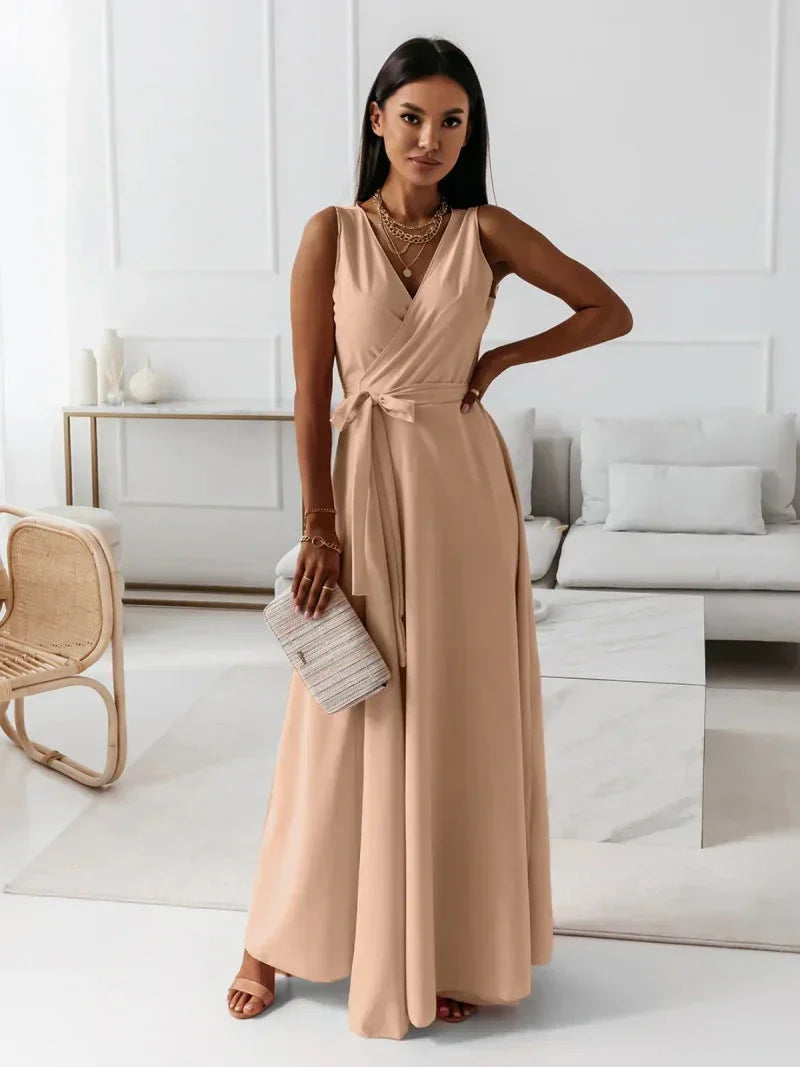 Robe Longue Femme à Col V en Teintes Unies