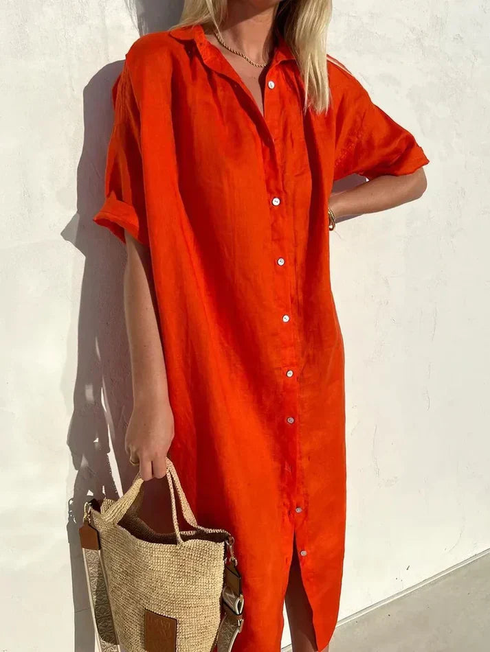 Robe Décontractée Élégante pour Femmes avec Manches Amples et Détails Boutonnés, en Coton et Lin