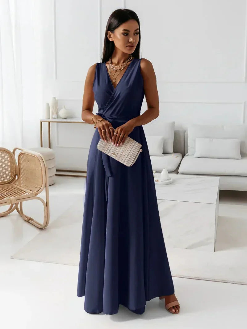 Robe Longue Femme à Col V en Teintes Unies