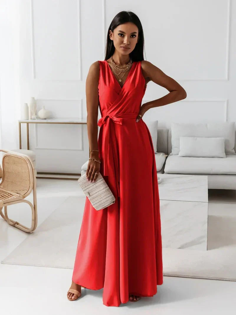 Robe Longue Femme à Col V en Teintes Unies