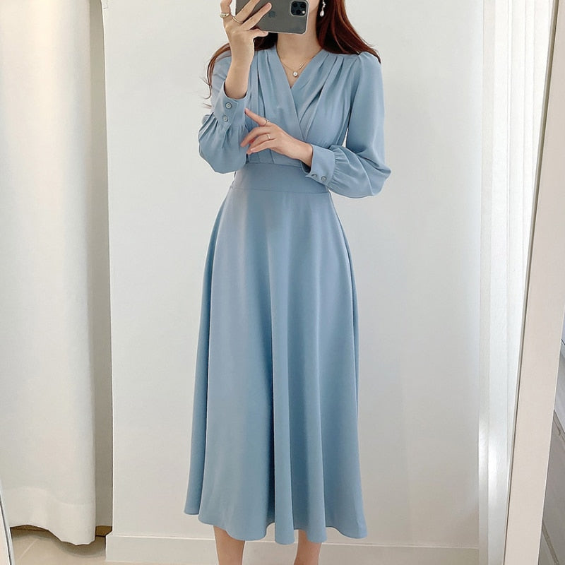 Robe A-Ligne Élégante avec Décolleté en V et Manches Volantes