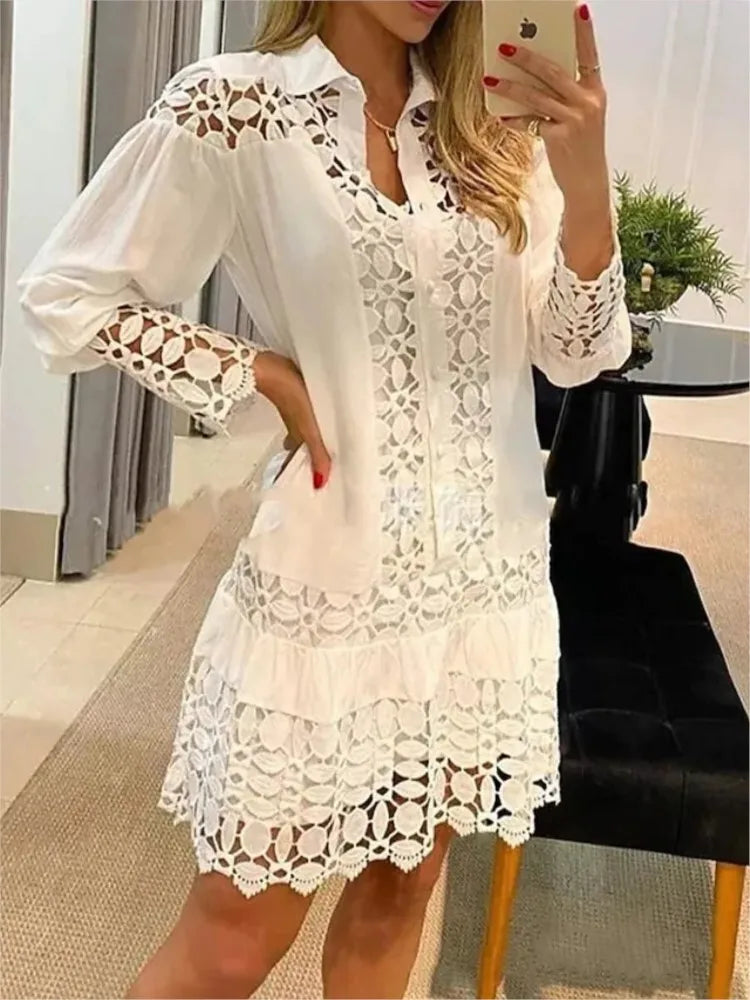 Robe en Dentelle Chic à Manches Longues pour Femmes