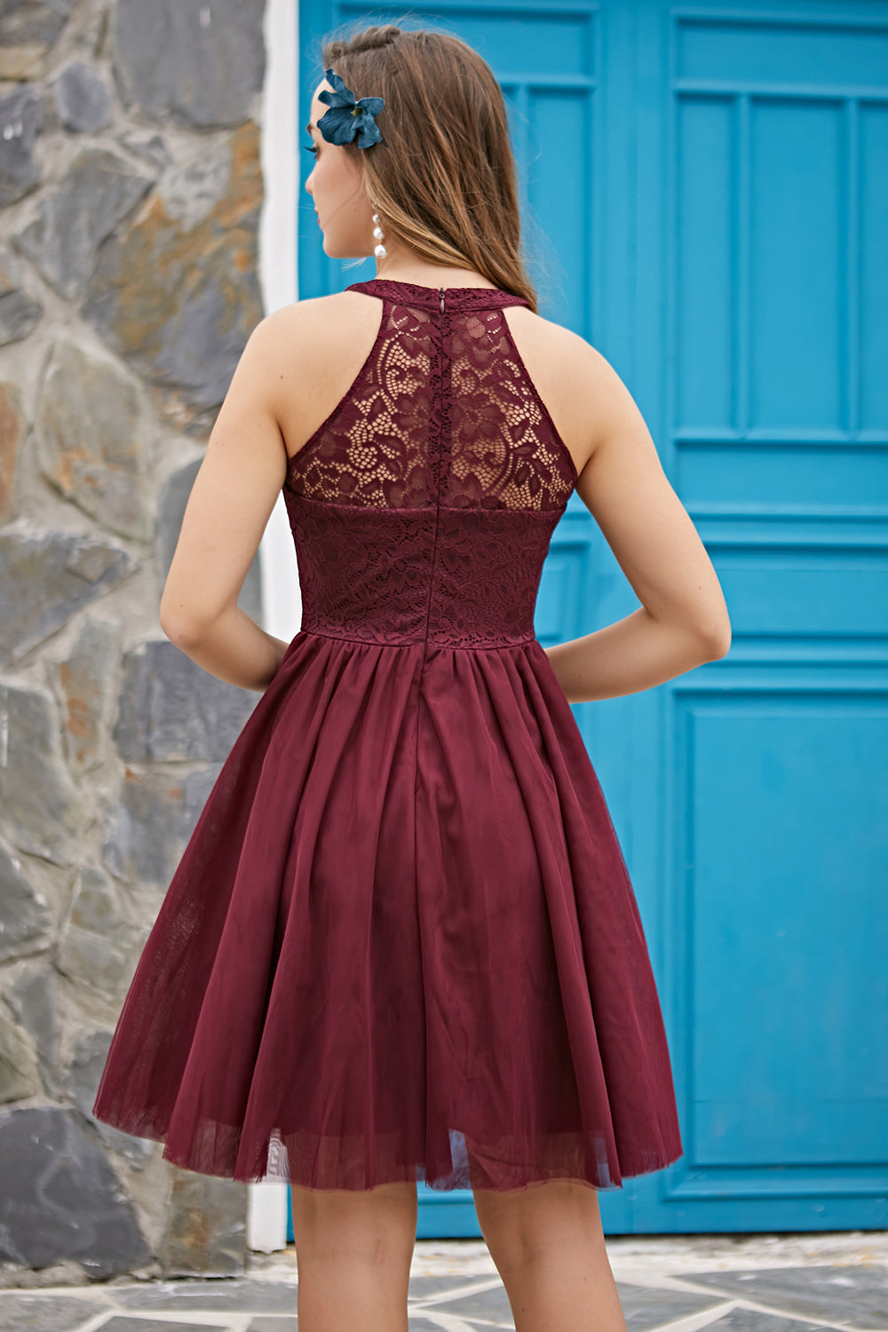 Robe Halter Bordeaux pour Cérémonie de Confirmation