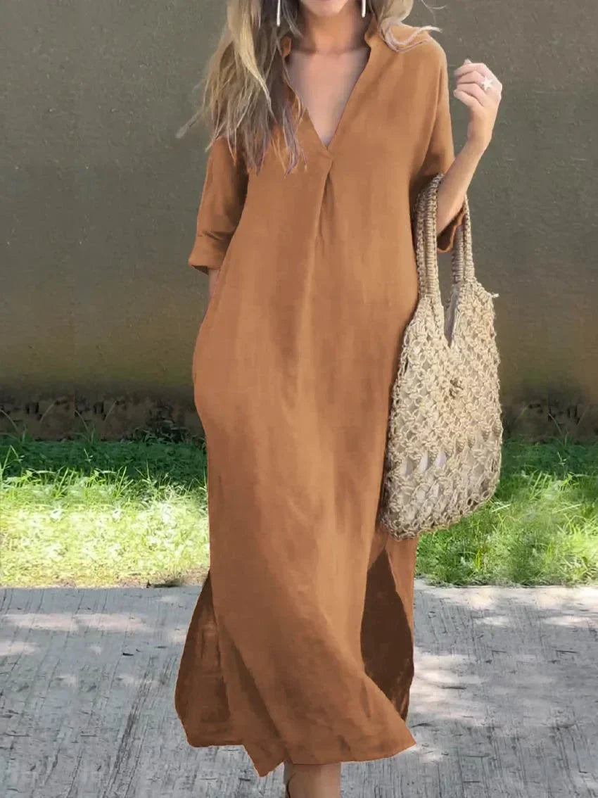 Robe Femme Unie à V avec Poches