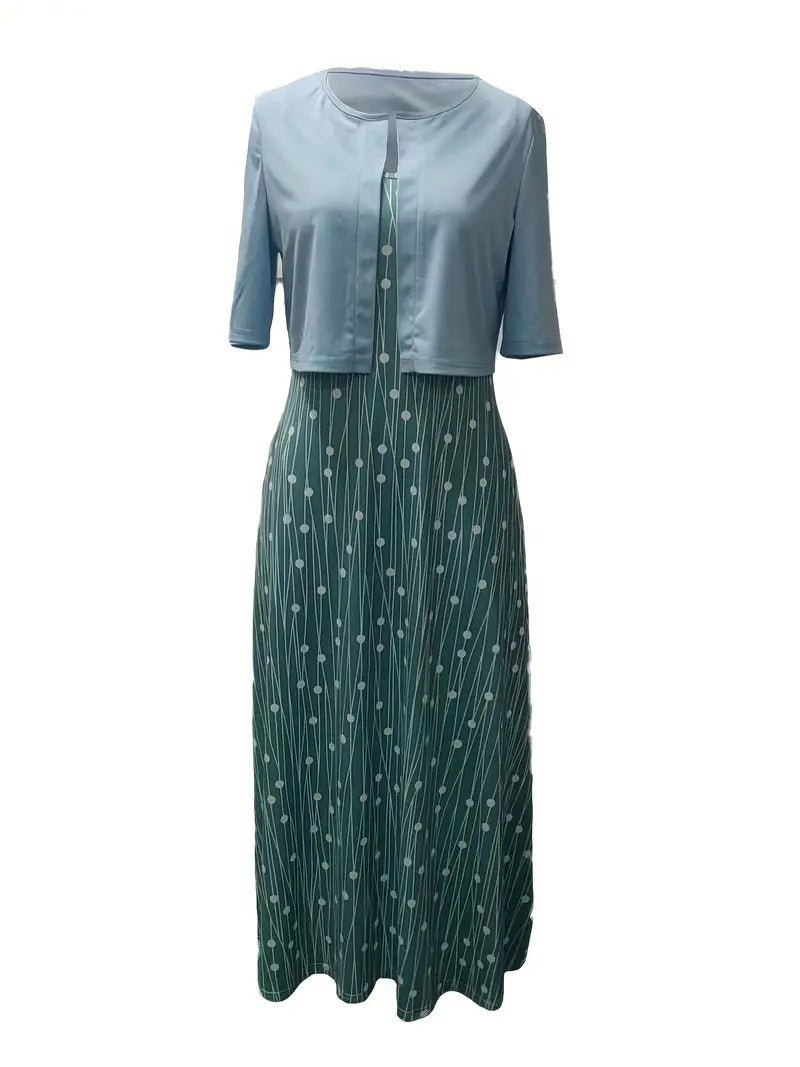 Ensemble Chic à Fleurs en Deux Pièces avec Crop Top Uni et Col Rond