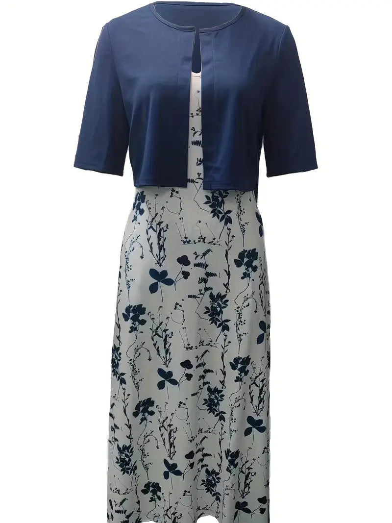 Ensemble Chic à Fleurs en Deux Pièces avec Crop Top Uni et Col Rond