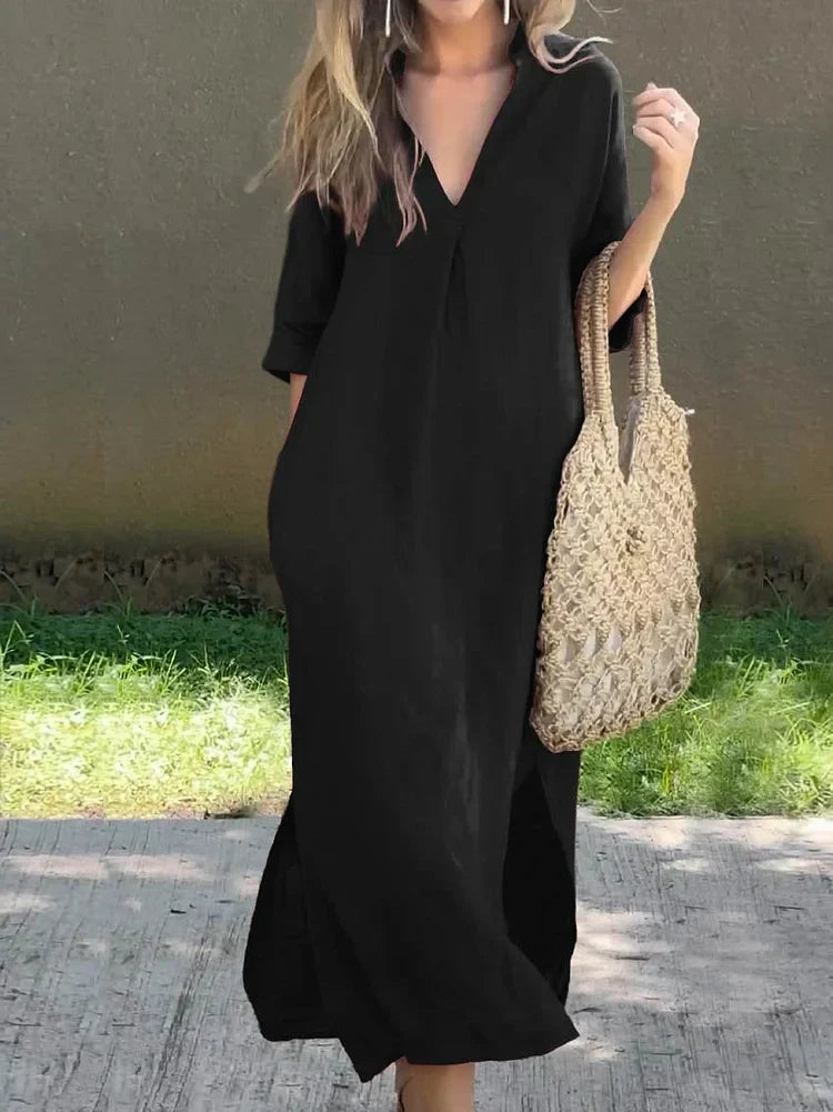 Robe Femme Unie à V avec Poches