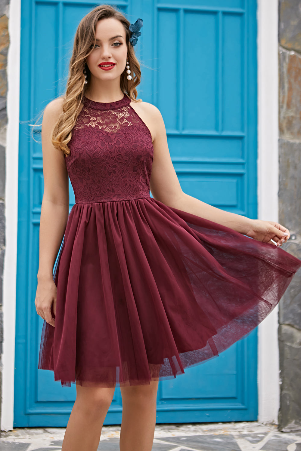 Robe Halter Bordeaux pour Cérémonie de Confirmation